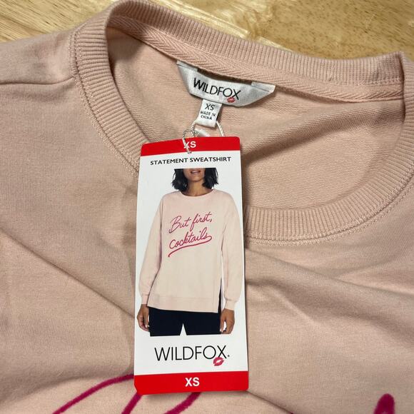 Wildfox NWT But First Cocktails Sweatshirt Side Slits Drop Shoulder Size XS Pink - Picture 7 of 11
